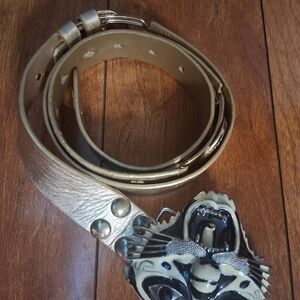 White Tiger Head Buckle Leather Belt